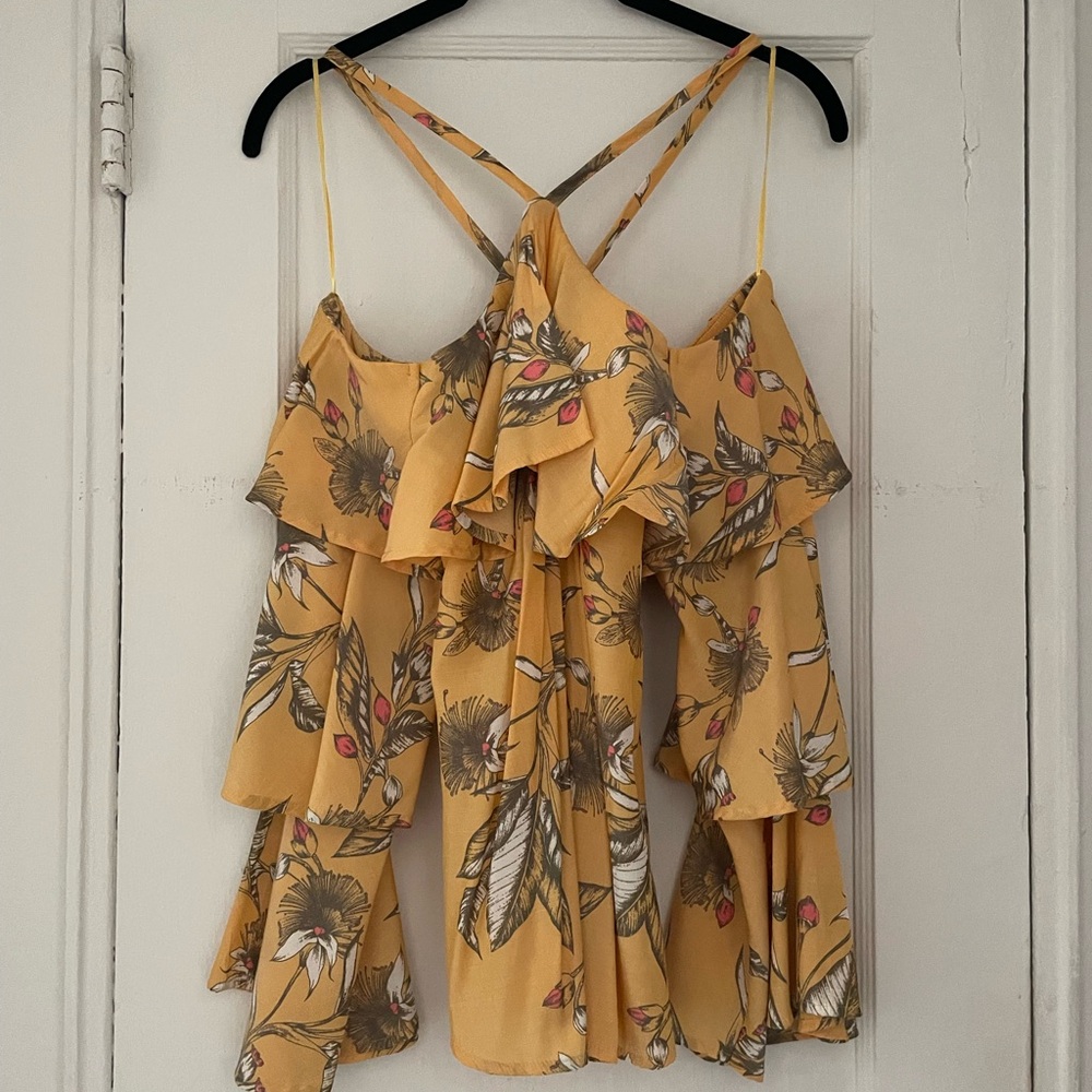 Floral Yellow Ruffle Cold Shoulder Top